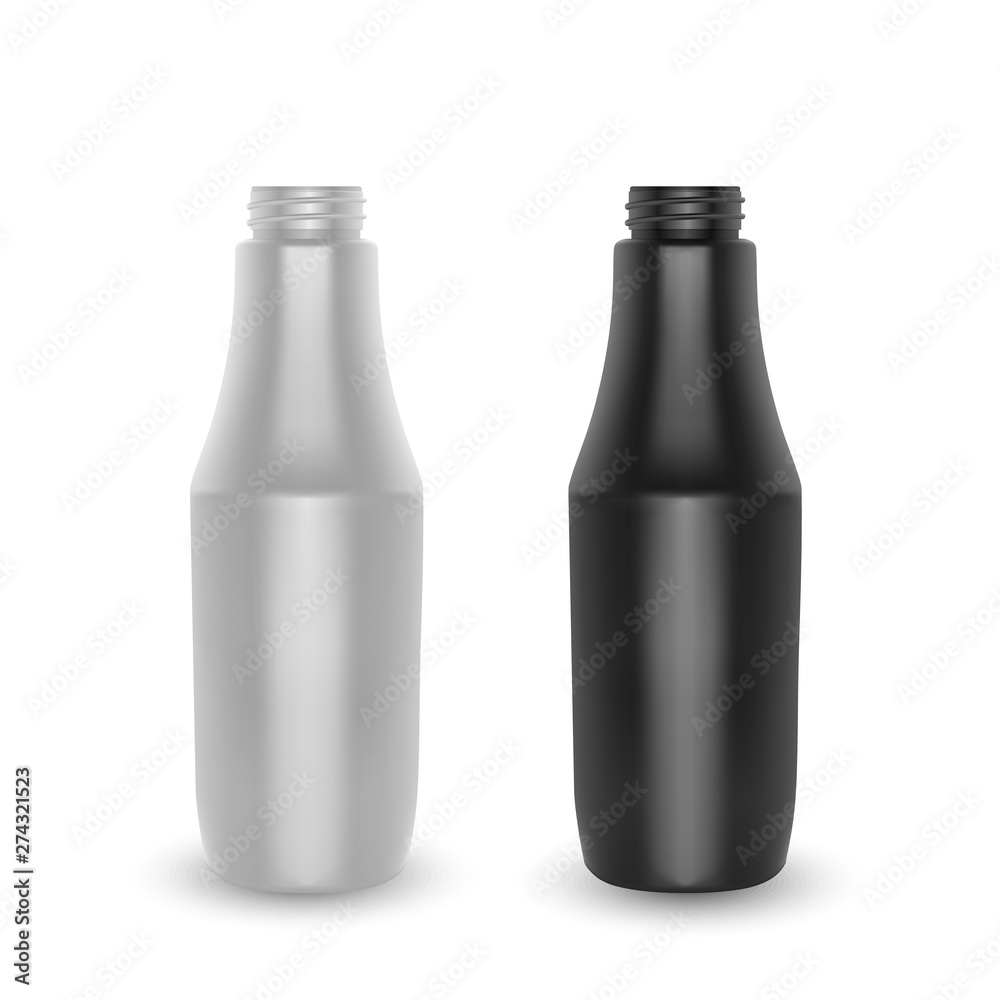Set of bottles. White and black plastic container for Ketchup or mustard, nutritional supplements. Illustration isolated on white background, Vector EPS 10 Set of bottles. White and black plastic container for Ketchup or mustard, nutritional supplements. Illustration isolated on white background, Vector EPS 10