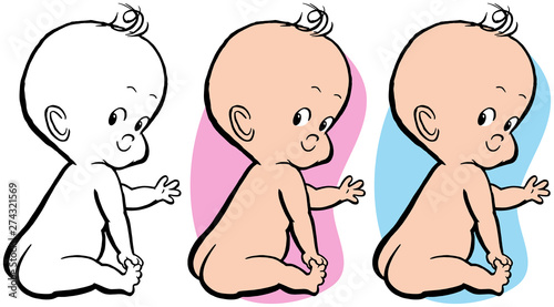 A cartoon of an adorable newborn back with both pink and blue backgrounds. 