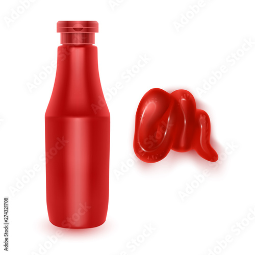 Realistic vector elements tomato sauce, splash of tomato juice, ketchup bottle, squeezed out sauce on white background Vector EPS 10 illustration