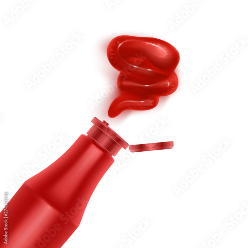 Realistic vector elements tomato sauce, splash of tomato juice, ketchup bottle, squeezed out sauce on white background Vector EPS 10 illustration