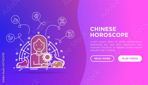Chinese horoscope web page template. Astrologer with thin line animal icons around. Modern vector illustration.