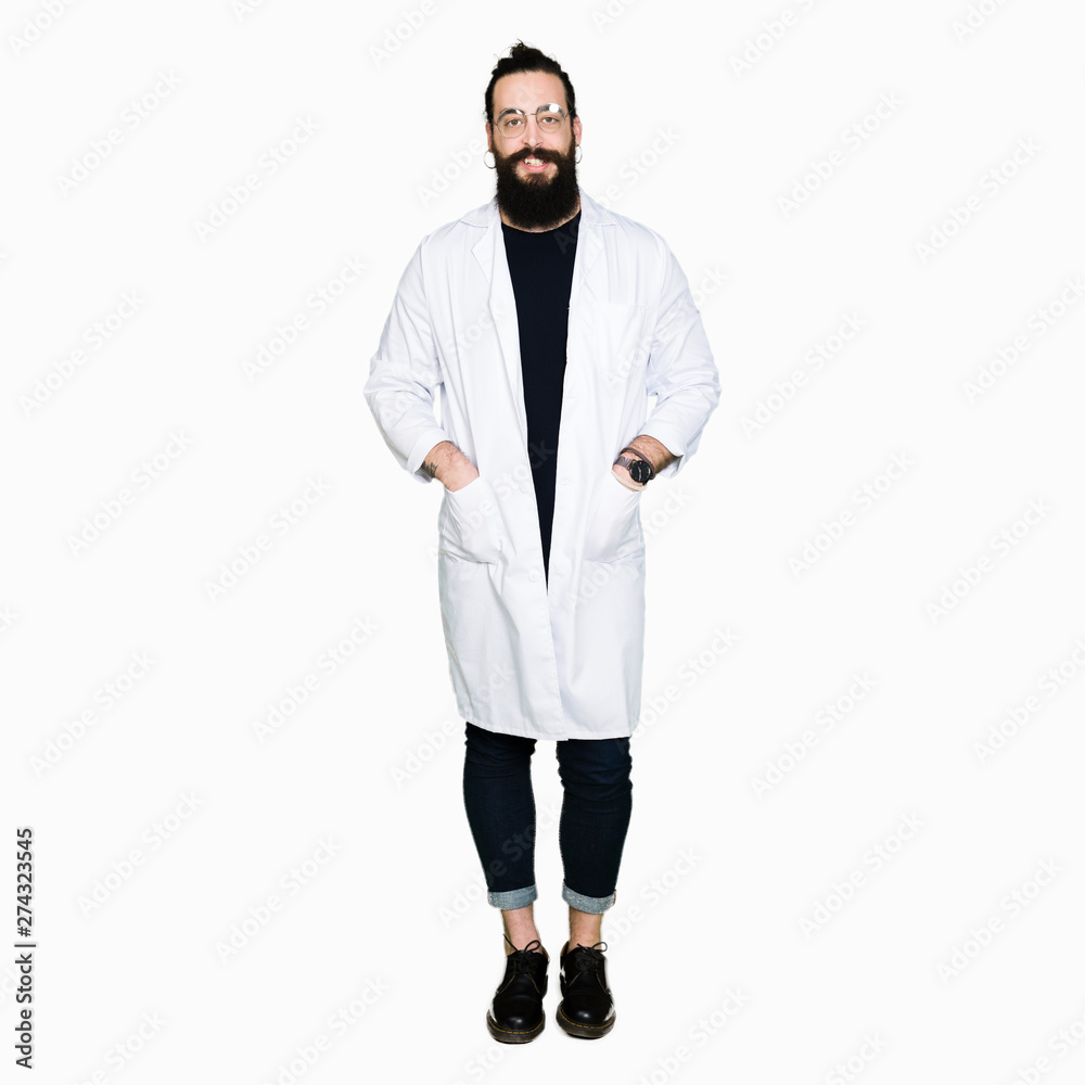 Doctor therapist man with long hair and bear wearing white coat with a happy and cool smile on face. Lucky person. Doctor therapist man with long hair and bear wearing white coat with a happy and cool smile on face. Lucky person.