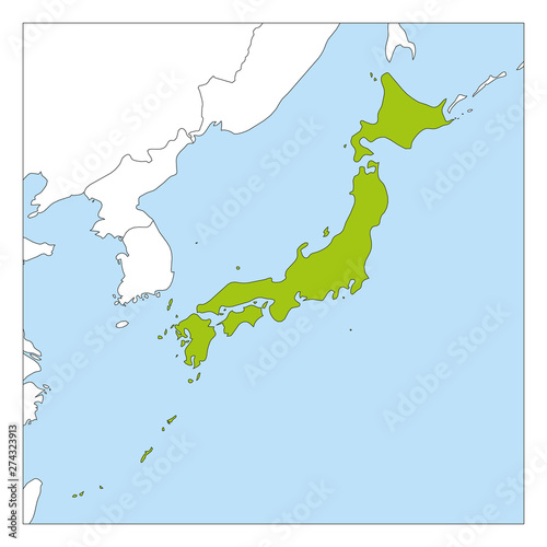 Map of Japan green highlighted with neighbor countries