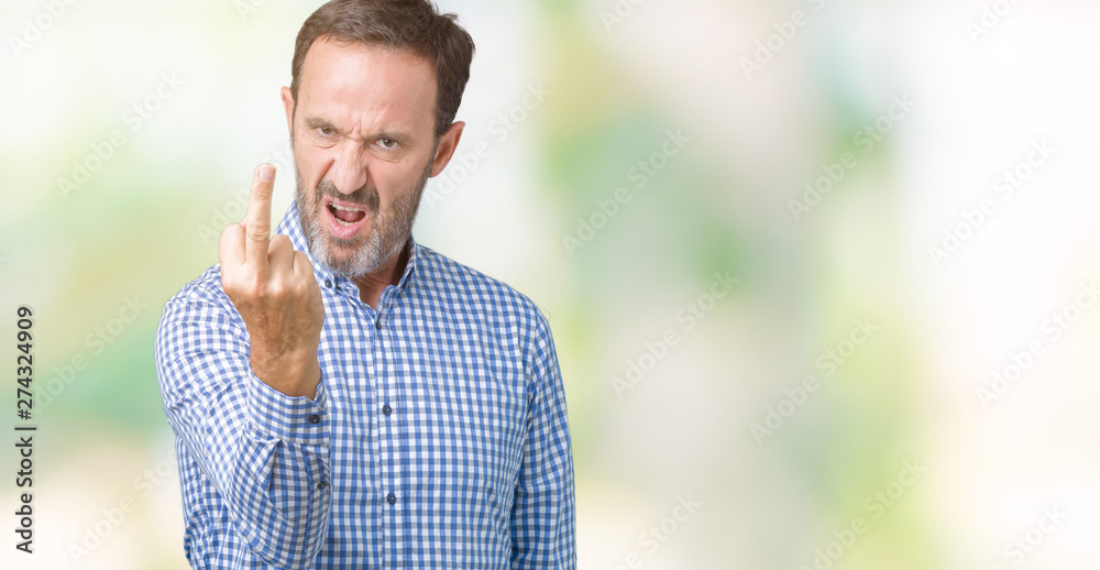 Handsome middle age elegant senior man over isolated background Showing middle finger, impolite and rude fuck off expression Handsome middle age elegant senior man over isolated background Showing middle finger, impolite and rude fuck off expression