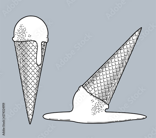 Melting Waffle Cone Ice Cream in retro style photo