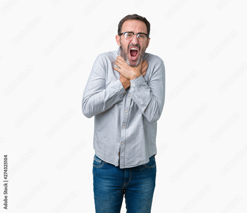 Handsome middle age elegant senior man wearing glasses over isolated background shouting and suffocate because painful strangle. Health problem. Asphyxiate and suicide concept. Handsome middle age elegant senior man wearing glasses over isolated background shouting and suffocate because painful strangle. Health problem. Asphyxiate and suicide concept.