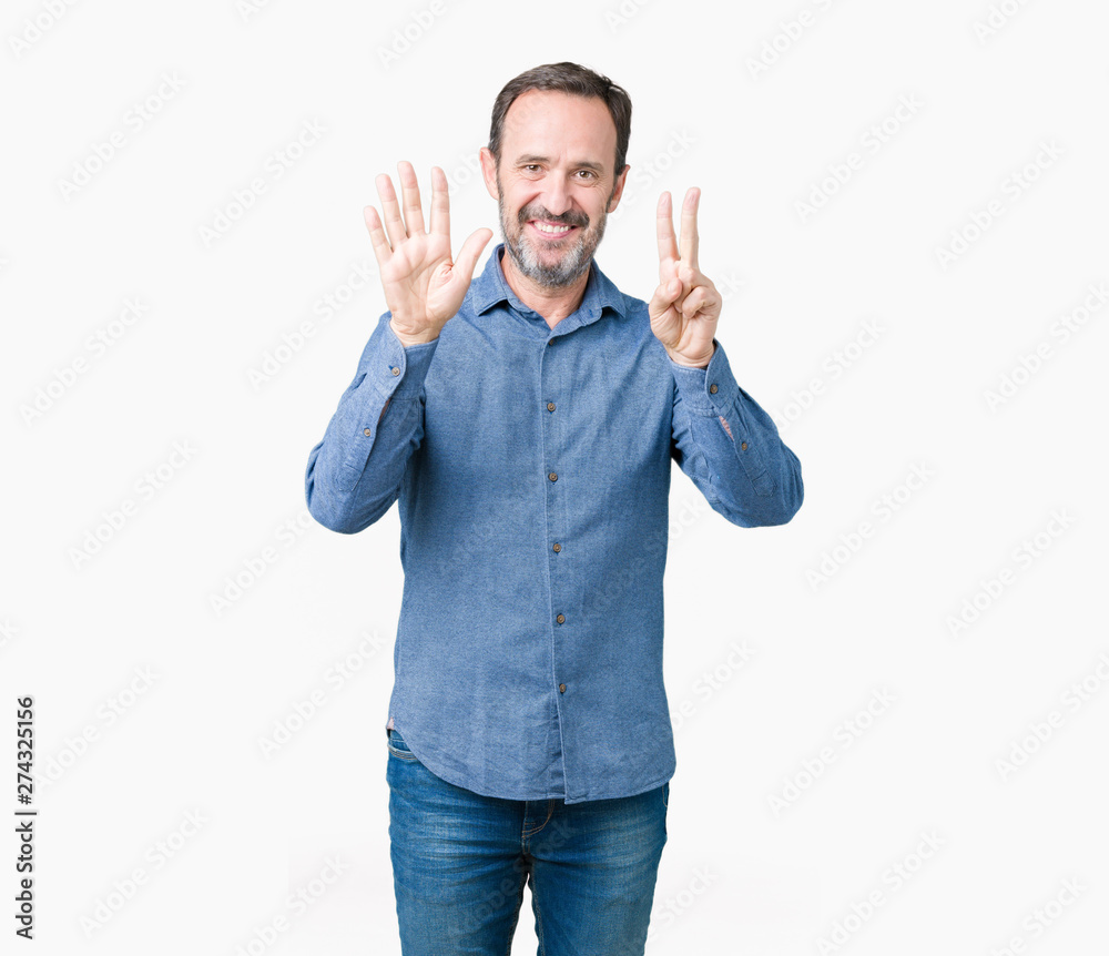 Handsome middle age elegant senior man over isolated background showing and pointing up with fingers number seven while smiling confident and happy. Handsome middle age elegant senior man over isolated background showing and pointing up with fingers number seven while smiling confident and happy.