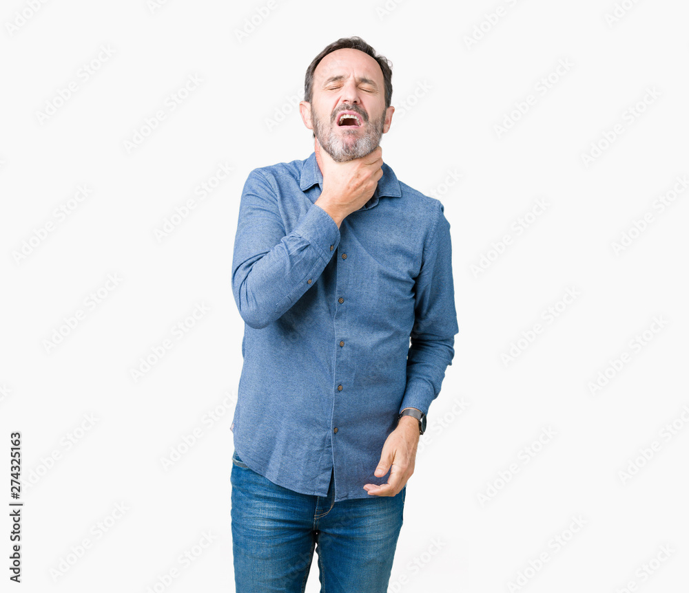 Handsome middle age elegant senior man over isolated background Touching painful neck, sore throat for flu, clod and infection Handsome middle age elegant senior man over isolated background Touching painful neck, sore throat for flu, clod and infection