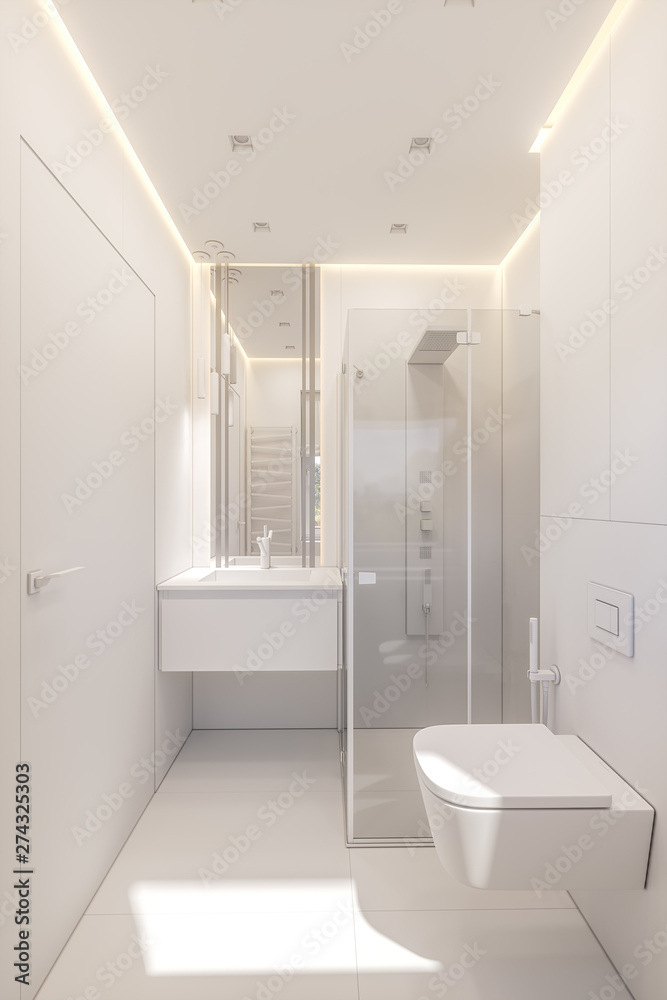 3d illustration of a bathroom in a private cottage. Interior design in white 3d illustration of a bathroom in a private cottage. Interior design in white