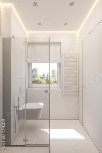 3d illustration of a bathroom in a private cottage. Interior design in white