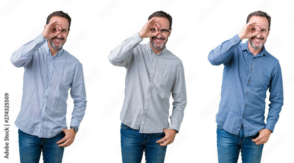 Collage of handsome senior business man over white isolated background doing ok gesture with hand smiling, eye looking through fingers with happy face. Collage of handsome senior business man over white isolated background doing ok gesture with hand smiling, eye looking through fingers with happy face.