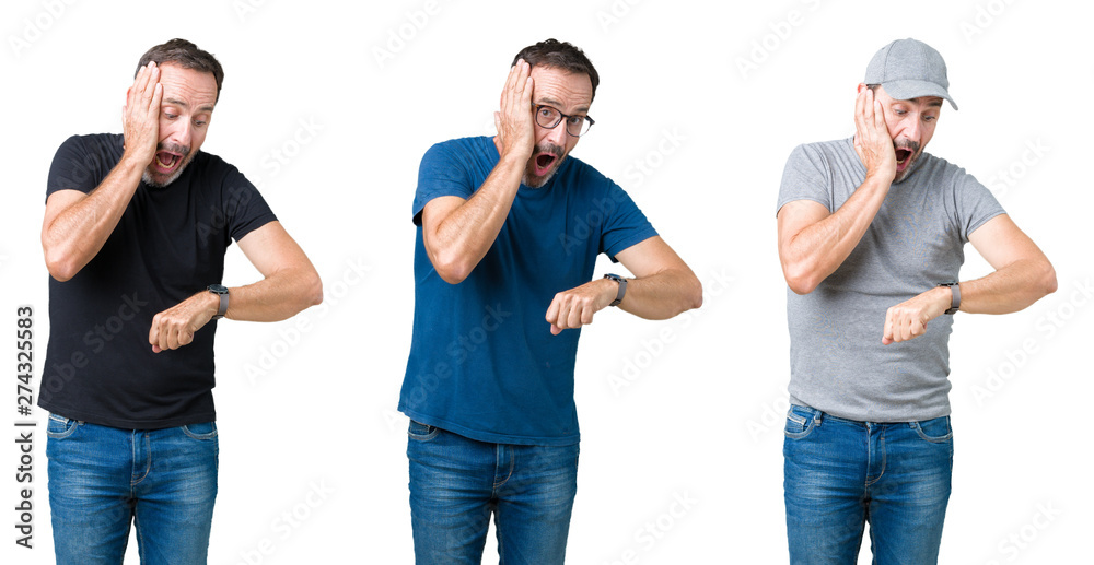 Collage of handsome senior man over white isolated background Looking at the watch time worried, afraid of getting late Collage of handsome senior man over white isolated background Looking at the watch time worried, afraid of getting late
