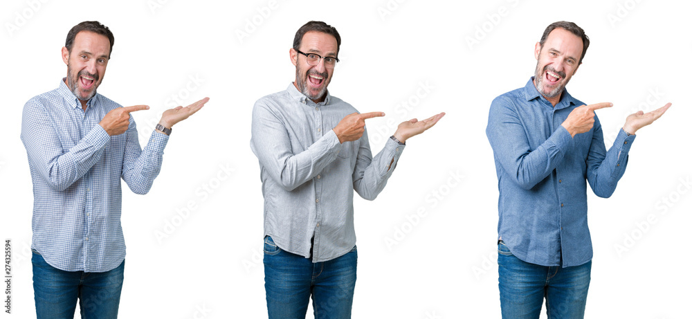 Collage of handsome senior business man over white isolated background amazed and smiling to the camera while presenting with hand and pointing with finger. Collage of handsome senior business man over white isolated background amazed and smiling to the camera while presenting with hand and pointing with finger.