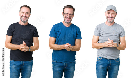 Collage of handsome senior man over white isolated background Hands together and fingers crossed smiling relaxed and cheerful. Success and optimistic