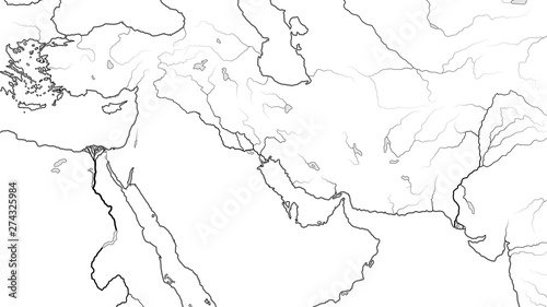 World Map of MIDDLE EAST REGION  Asia Minor  Near East  Levant  Turkey  Armenia  Syria  Iraq  The Emirates  Saudi Arabia  Persian Gulf  Iran  Pakistan. Geographic chart with coastline and main rivers.