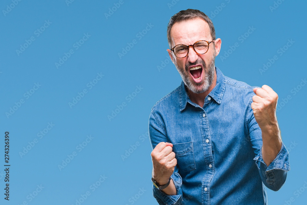 Middle age hoary senior man wearing glasses over isolated background very happy and excited doing winner gesture with arms raised, smiling and screaming for success. Celebration concept. Middle age hoary senior man wearing glasses over isolated background very happy and excited doing winner gesture with arms raised, smiling and screaming for success. Celebration concept.