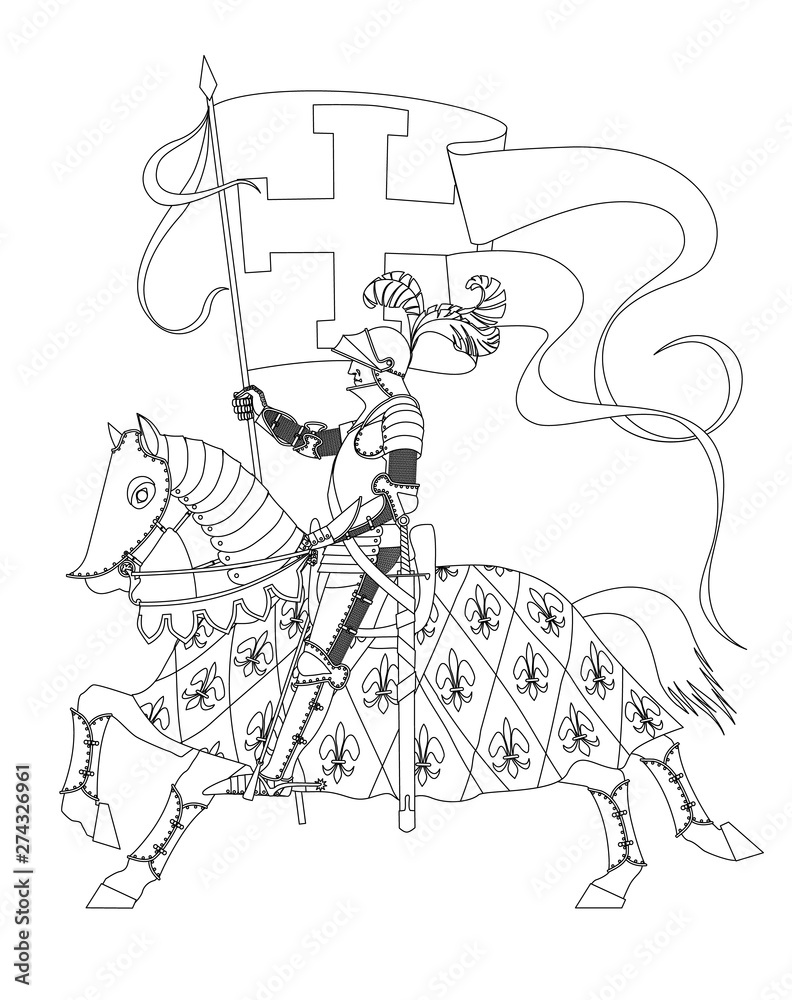 Knight in armor on a horse with a flag in his hand Stock Vector | Adobe ...