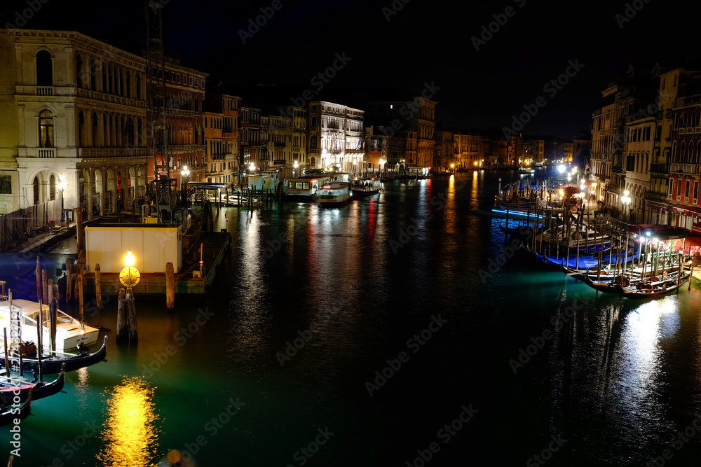 Inspirational Aerial illuminated venice canal night view with colored lights reflections and old historic architecture buildings, italy