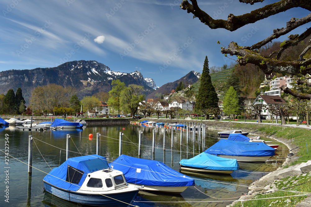 Boats covered with tarpaulin moored on Walensee lake. View of the Alps. Weesen, Switzerland.