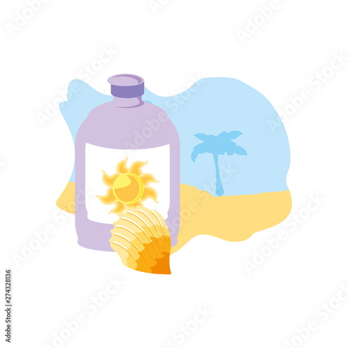 solar blocker bottle in the beach with seashell