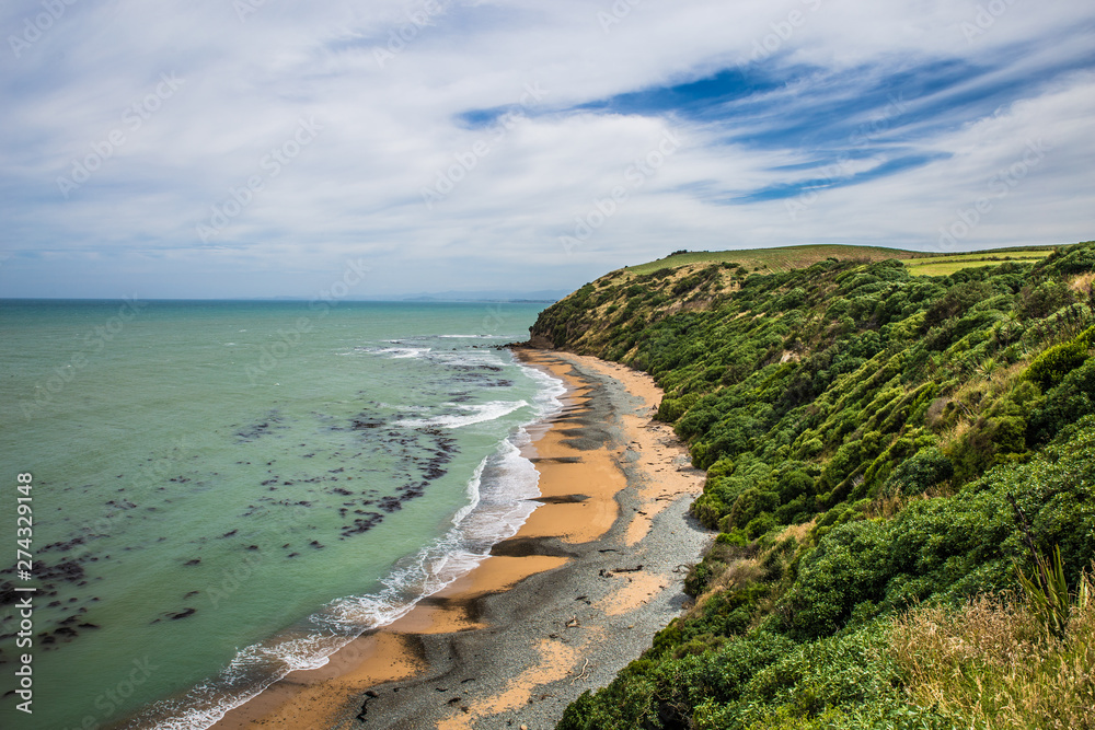 Sea Coast Beach New Zealand Landscape, Green Hills With Cliffs On Coastal Landscape Background