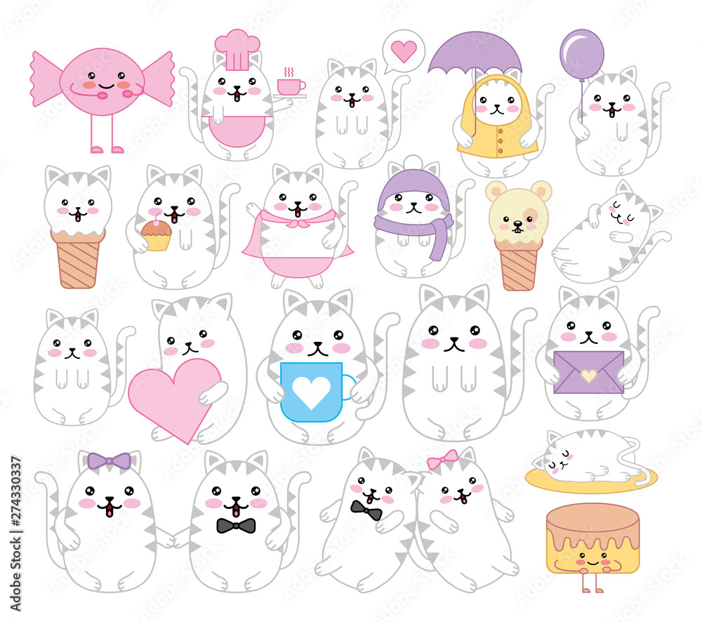 bundle of cats and emojis kawaii characters