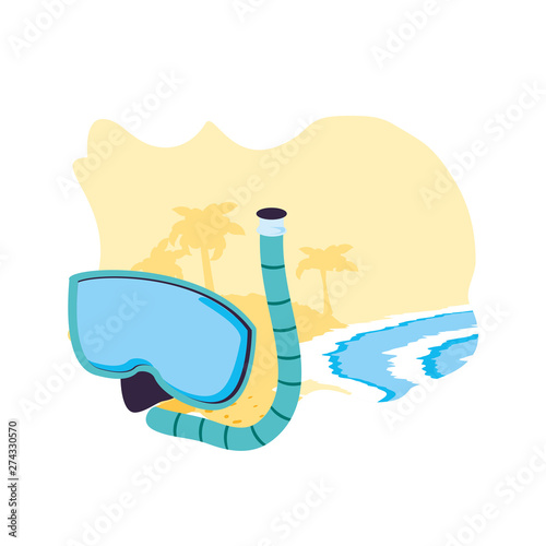 mask of equipment snorkel in the beach