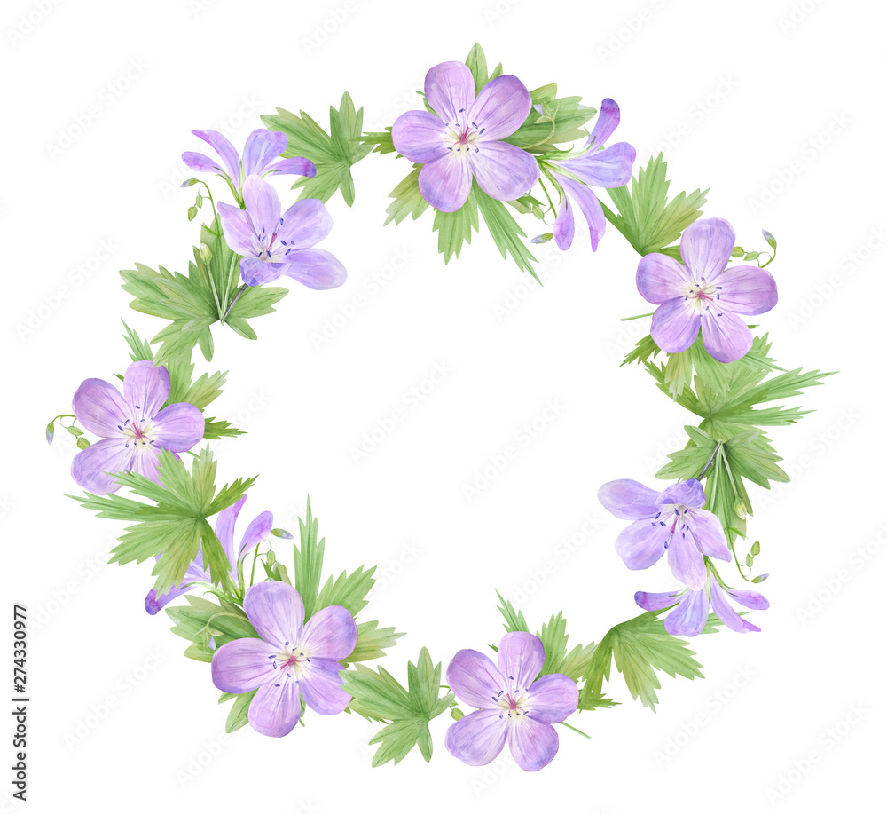 Watercolor wreath of lilac geranium flowers isolated on white background. Perfect for web design, cosmetics design, package, textile