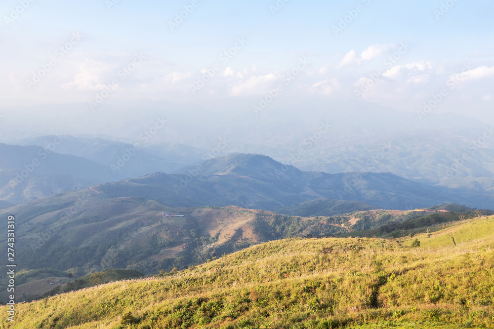 Landscape view grass in meadow on slope of  the mountain at doi chang mup near Thailand & Myanmar border Mae Sai, Chiang Rai, Thailand         
