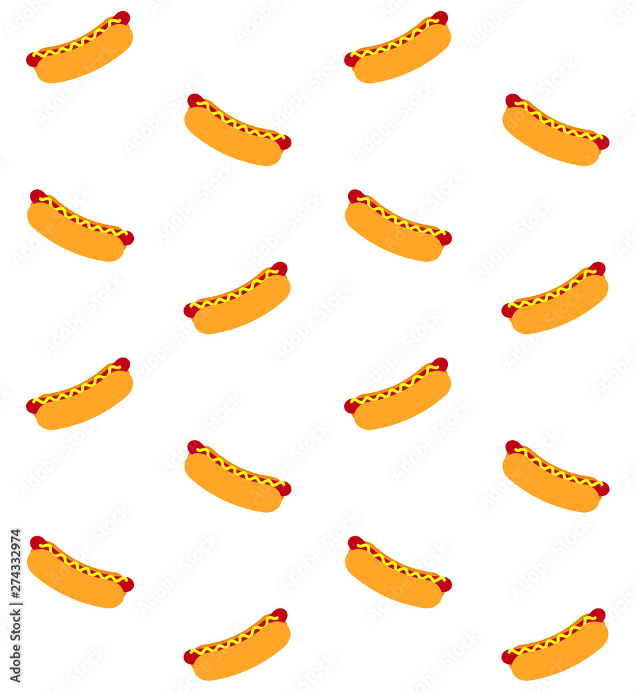 Vector seamless pattern of flat cartoon hot dog isolated on white background Vector seamless pattern of flat cartoon hot dog isolated on white background