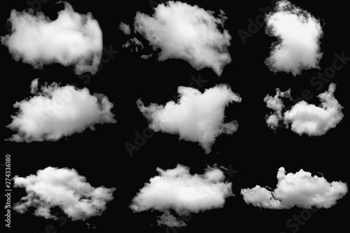 Set of clouds white on a isolated elements black background.