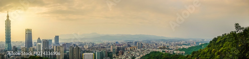 Panoramic of beautiful landscape and cityscape of taipei 101 building and architecture in the city skyline at sunset time in Taiwan