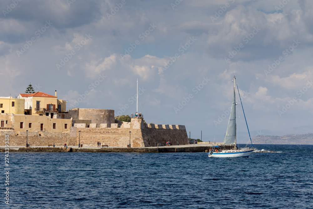 View of the ancient city, sea, fortress and yacht View of the ancient city, sea, fortress and yacht