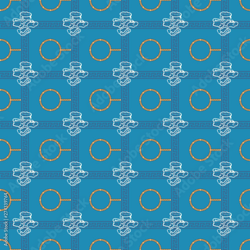 Geometric seamless repeat pattern. Vector illustration of stylized sheep ankle bones in cream, gold chain circles and checkered traditional indigo ornaments on turquoise, aqua background.