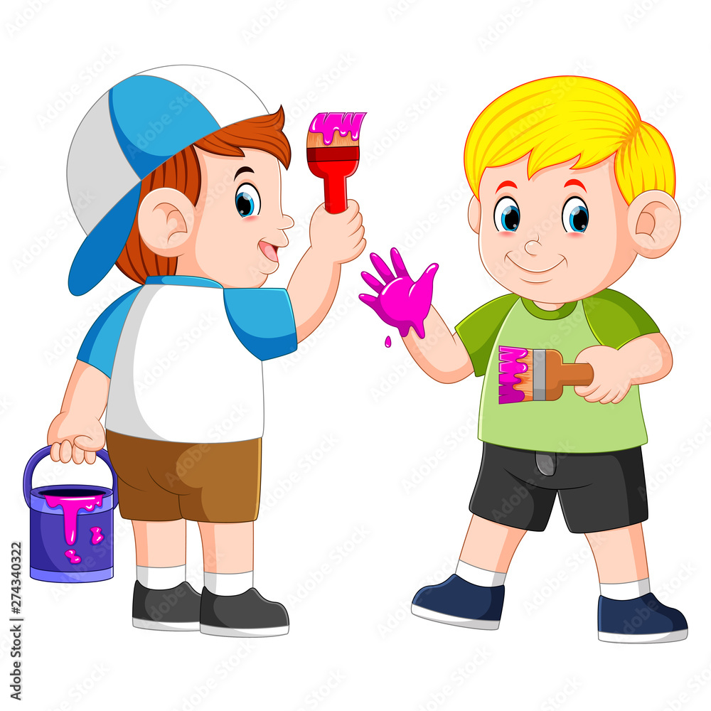 the boys are playing with the purple paint and the brush the boys are playing with the purple paint and the brush