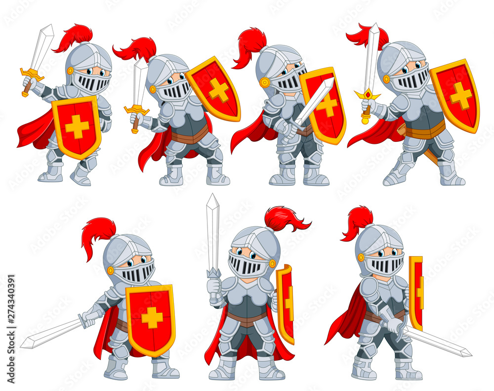 the collection of the knight with the different posing  - obrazy, fototapety, plakaty 