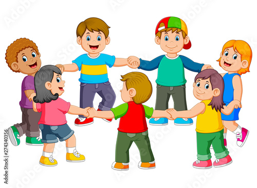 the children are holding to each other for making a round 