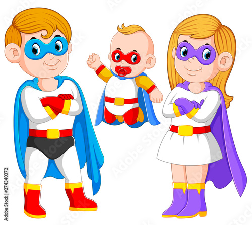 the posing of the superheroes family with their baby 