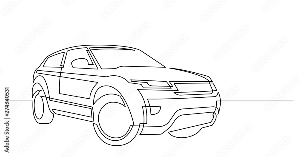 continuous line drawing of modern powerful luxury suv car