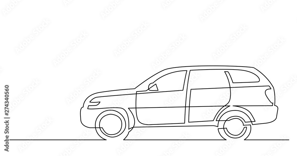 continuous line drawing of side view of modern suv car