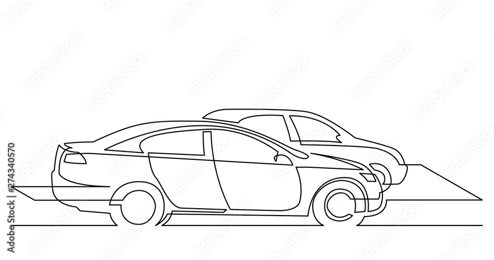 continuous line drawing of two cars moving in street traffic