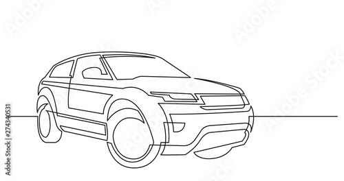 continuous line drawing of modern powerful luxury suv car