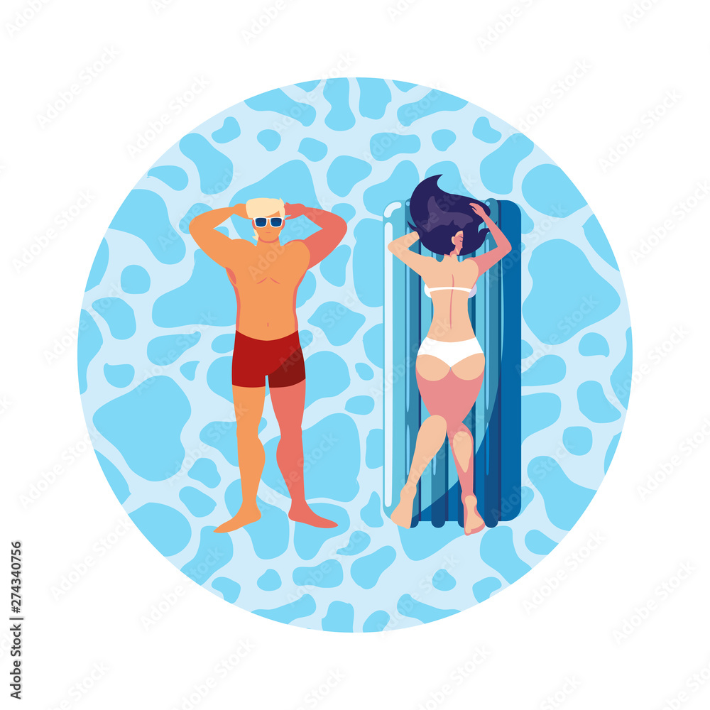 young couple with float mattress in water