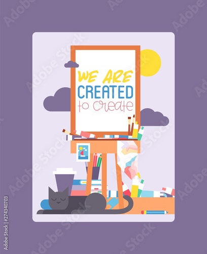 We are created to create on easel. Education, enjoyment concept. Pencils, watercolor, crayons. Cat lying and sleeping near working art place. Painting equipment. Cup of coffee.