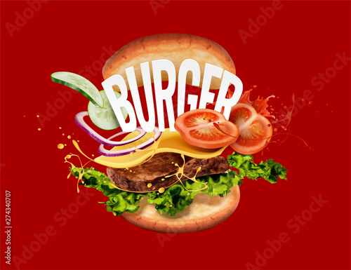 Hamburger on red background