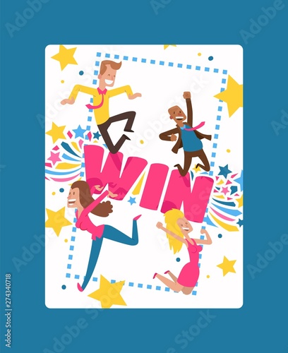 Win sign with bright lines, star shapes poster, banner vector illustration. Congratulations winner in championship. Success design. First place. Victory. Cheerful cartoon people jumping. © Vectorvstocker