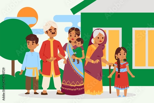 Big happy indian family in national dress vector illustration. Parents, grandmother and children cartoon characters. Family generations standing together, senior woman with grandchildren.