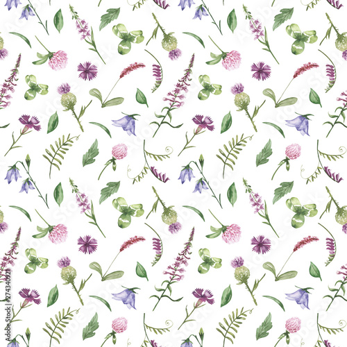 Watercolor seamless pattern with purple wild flowers. Texture for wallpaper, packaging, fabric, wedding design, prints, textiles, scrapbooking, birthday, cover design.