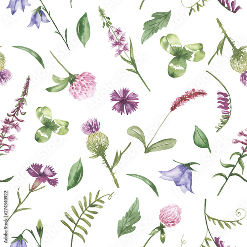 Watercolor seamless pattern with purple wild flowers. Texture for wallpaper  packaging  fabric  wedding design  prints  textiles  scrapbooking  birthday  cover design.