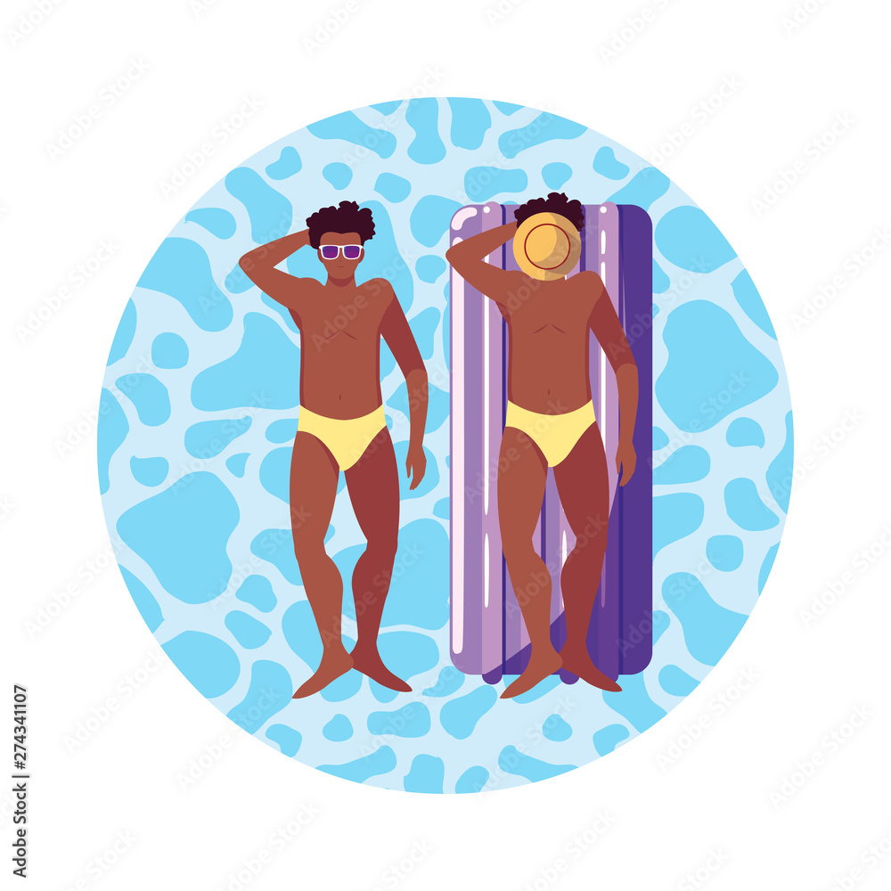 afro men with swimsuit and float mattress in water